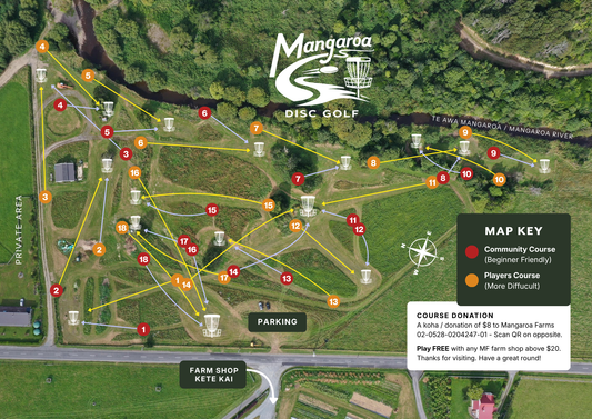 Mangaroa Farms Disc Golf course map — 18 holes, Community and Players courses